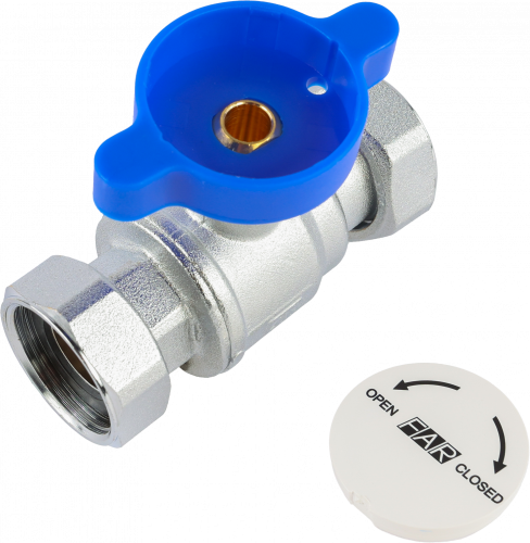 Кран шаровой FAR 1", накидные гайки EPDM, син. бабочка под термометр, хром